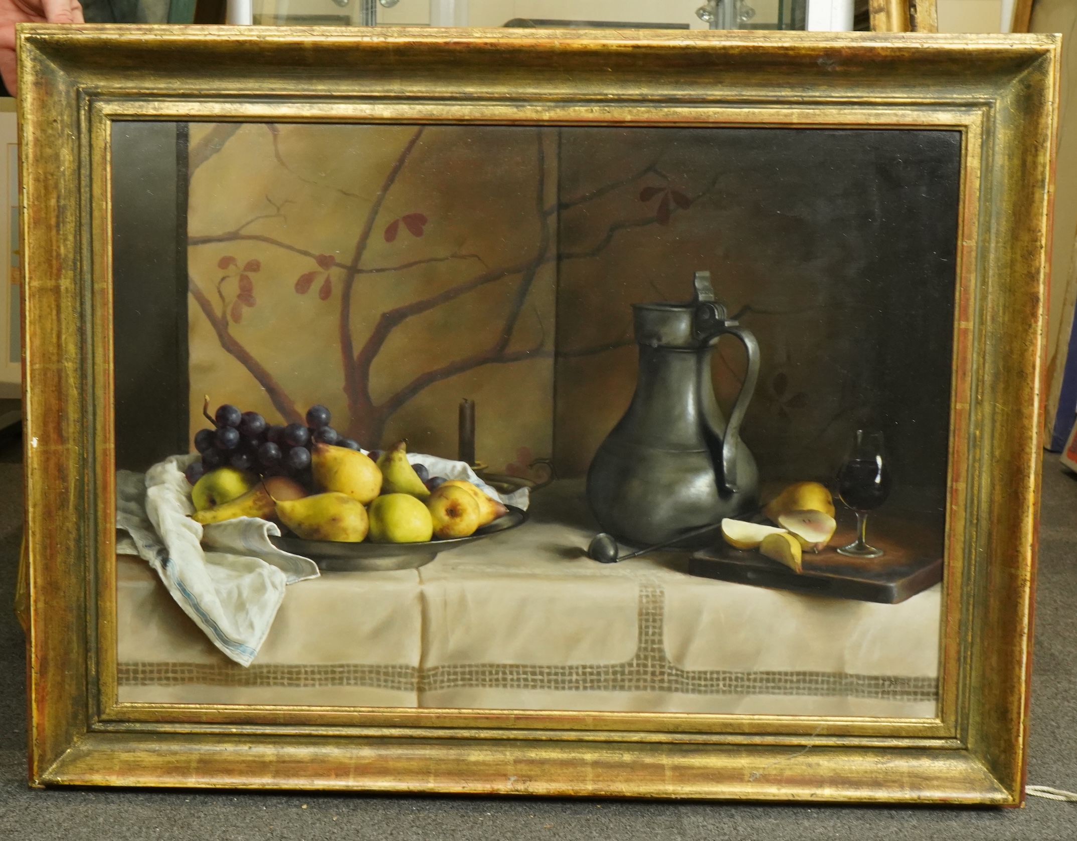 Paul S. Brown (American, b.1967), Still life with pewter flagon and pears, oil on panel, 55 x 78cm